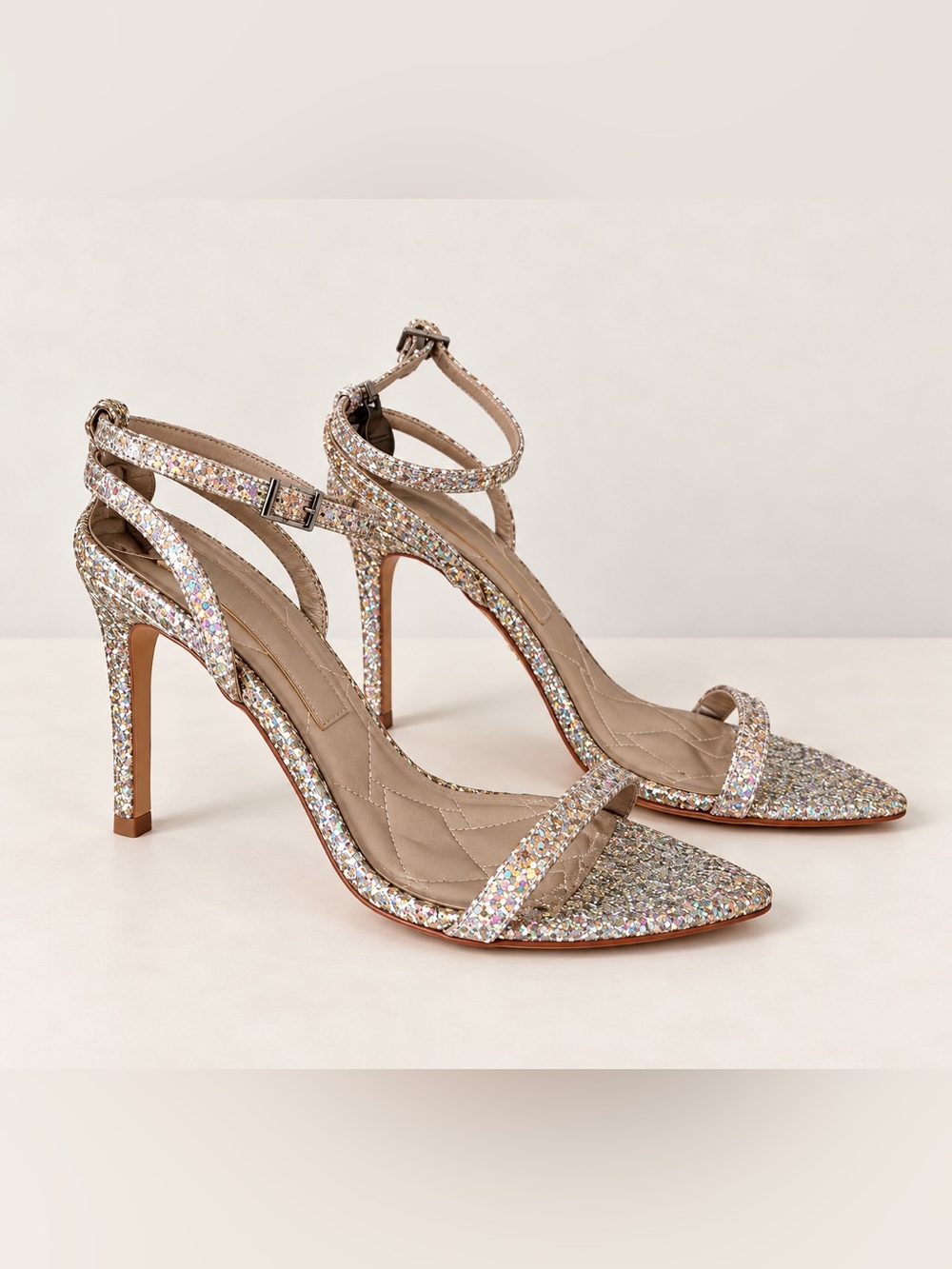 Kurt Geiger Silver Multicolor Glitter Ankle-Strap Stilettos